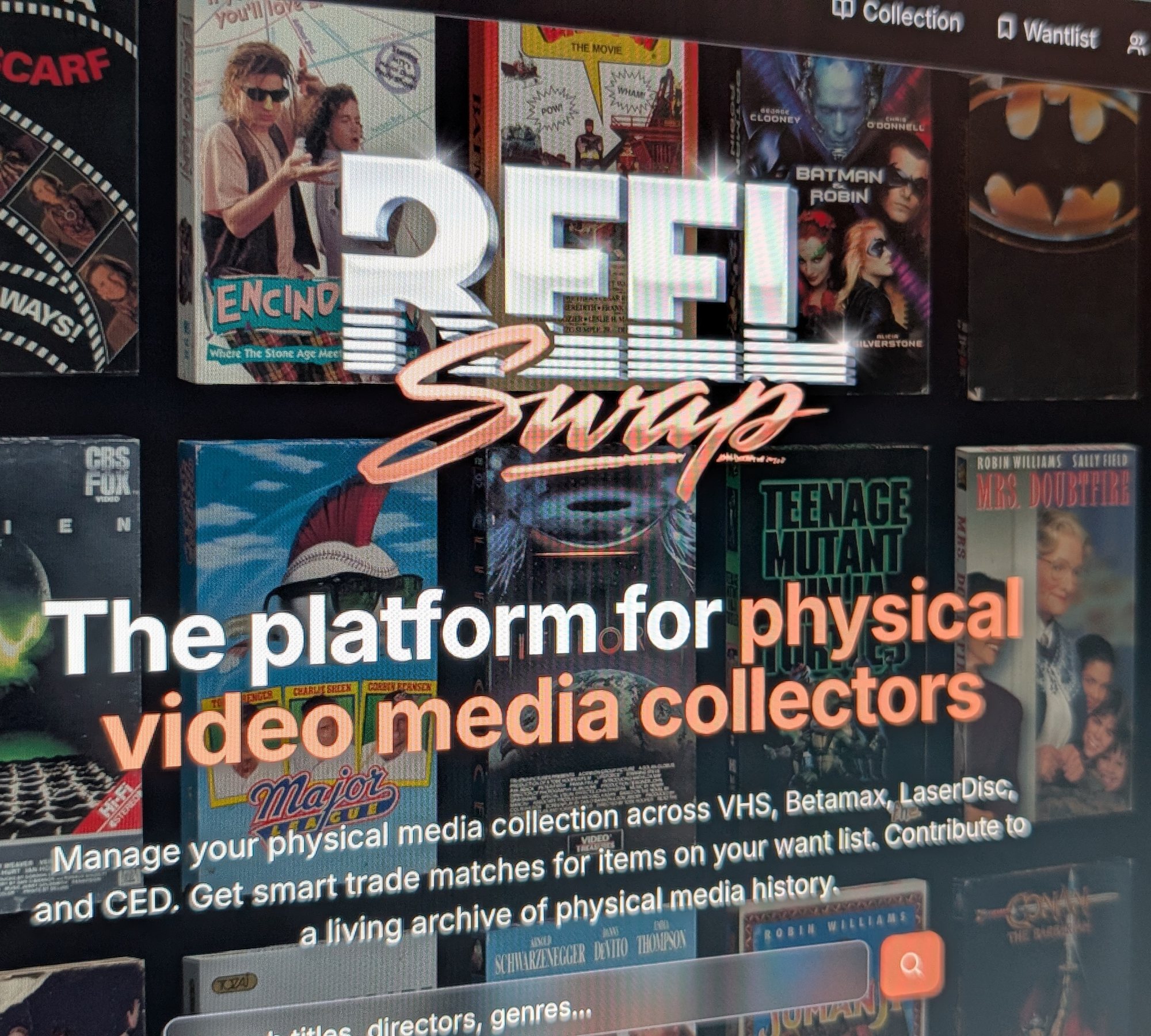 The ReelSwap web app, a trading platform for physical video media collectors, over a wall of VHS cases