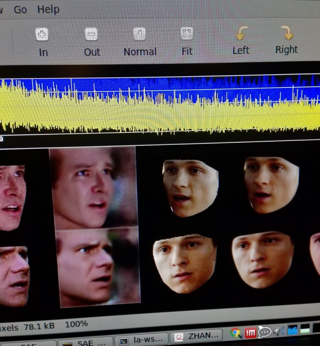 Machine-learning workstation showing audio waveforms above a grid of detected faces