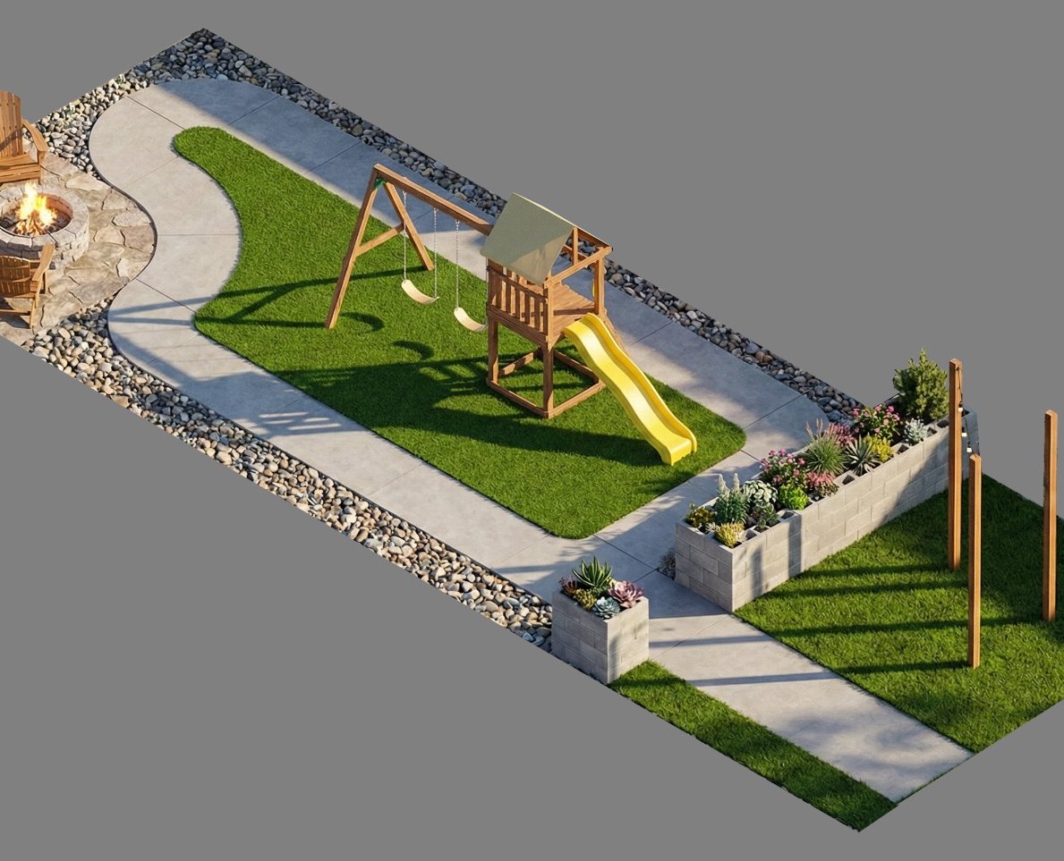 Isometric 3D render of a landscaped mini-golf course
